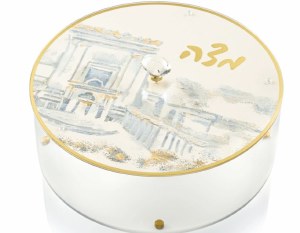 Picture of Lucite Matzah Box Leather Painted Bais Hamikdash Artwork Gold 13.75"